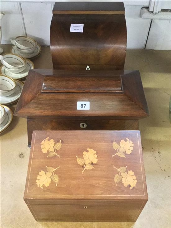 Inlaid stationery box, Victorian rosewood tea caddy & mahogany decanter box (lacking interior)